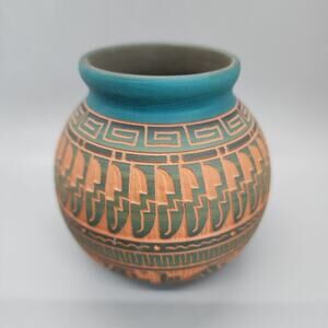 Native American Pottery Jar Vase 3.75in Signed Dennis Charlie Navajo 2022 Etched